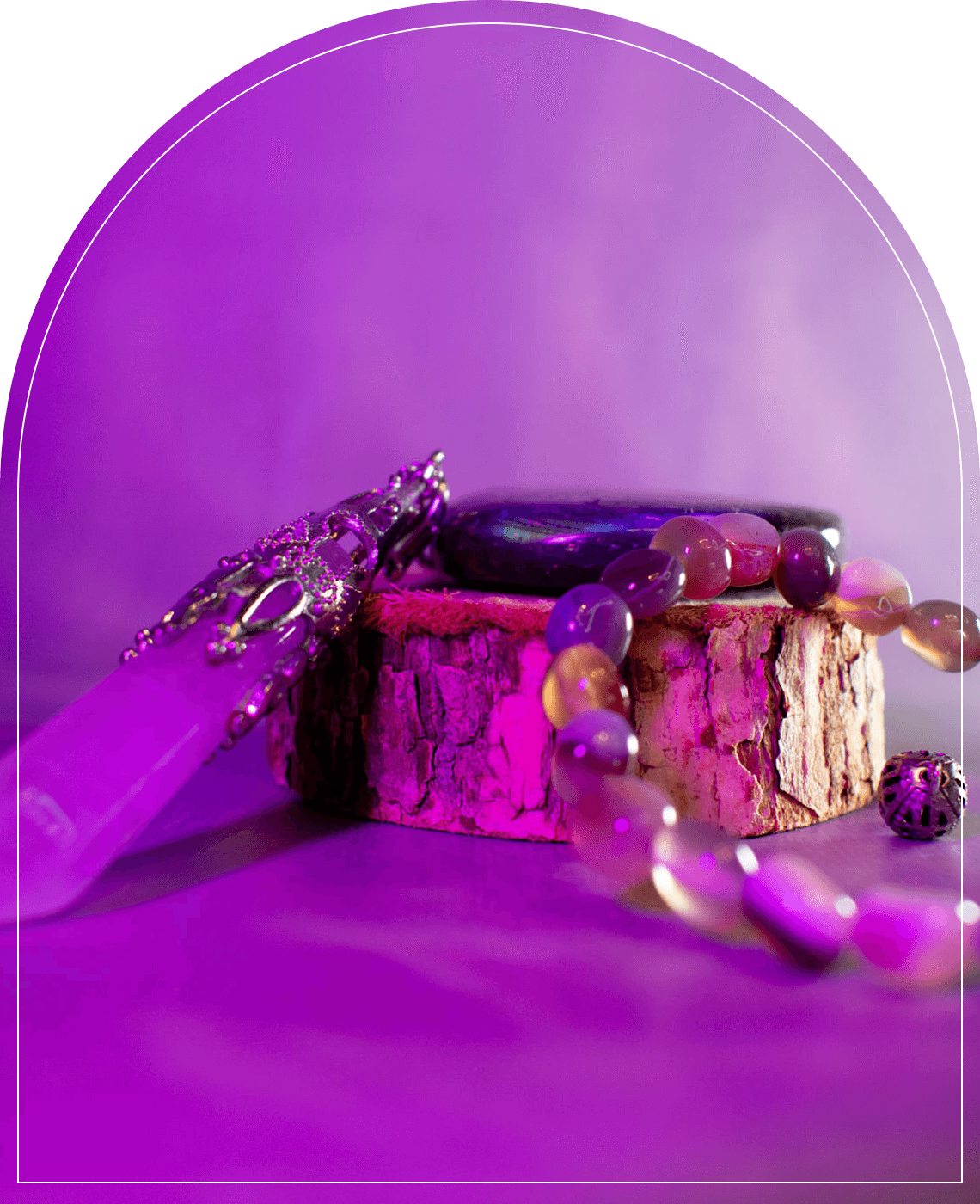Decorative stones and jewelry on wood